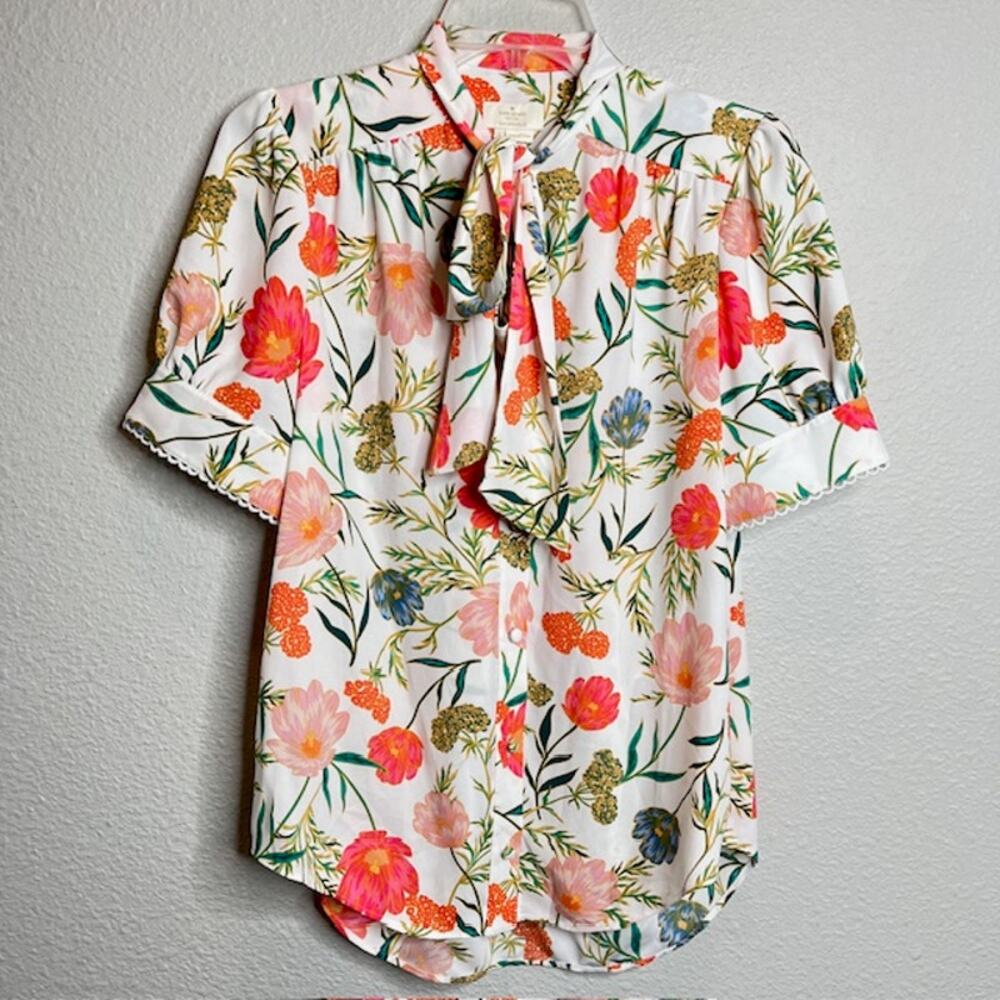 Kate Spade Blouse Size Small Picnic Perfect Blossom Floral Tie Neck